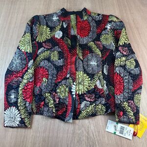 Ruby Rd Shimmer & Shine Jacket Women’s L Black Red Poppy Floral Textured Stretch
